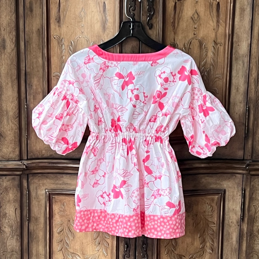 Bebe NWT Pink White Floral V-Neck Babydoll Top Empire Waist Puff Sleeves Sz S - Picture 15 of 15